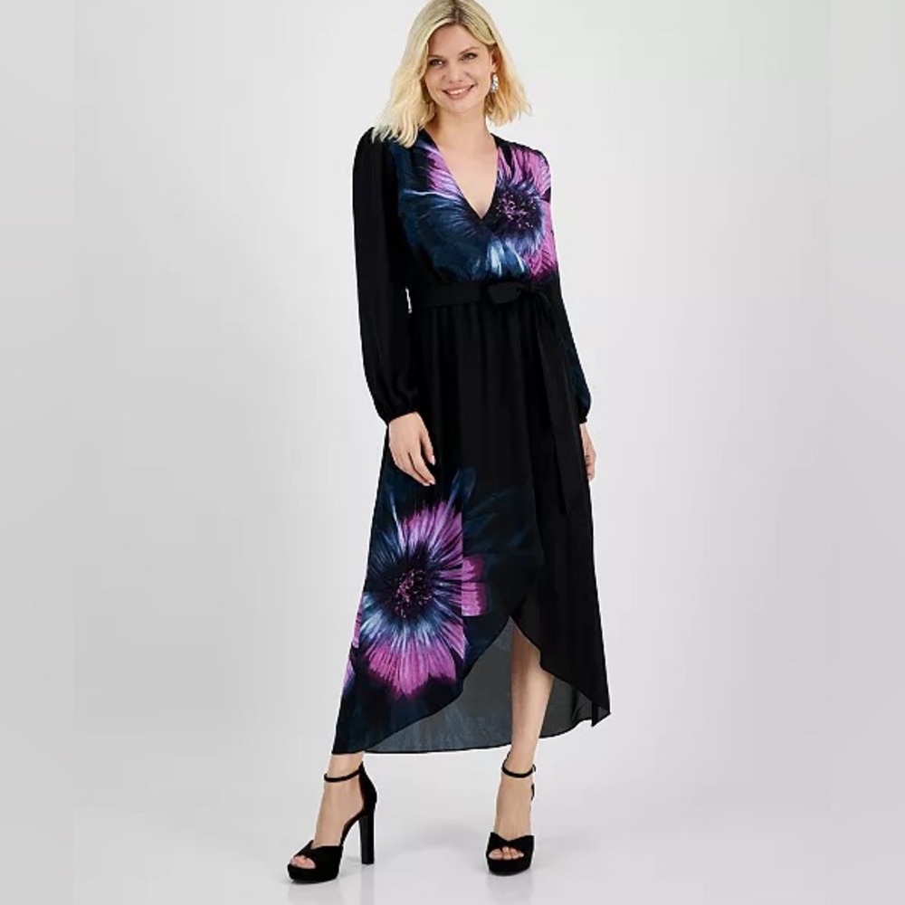 INC International Concepts Black Dress with Purple Floral Design